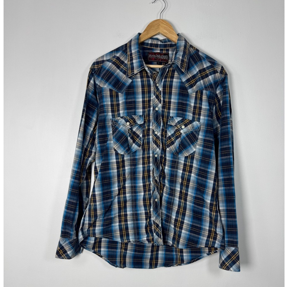 Western Rock & Roll Cowboy Mens Large Shirt Blue Yellow Plaid Pearl Snap B2S3436